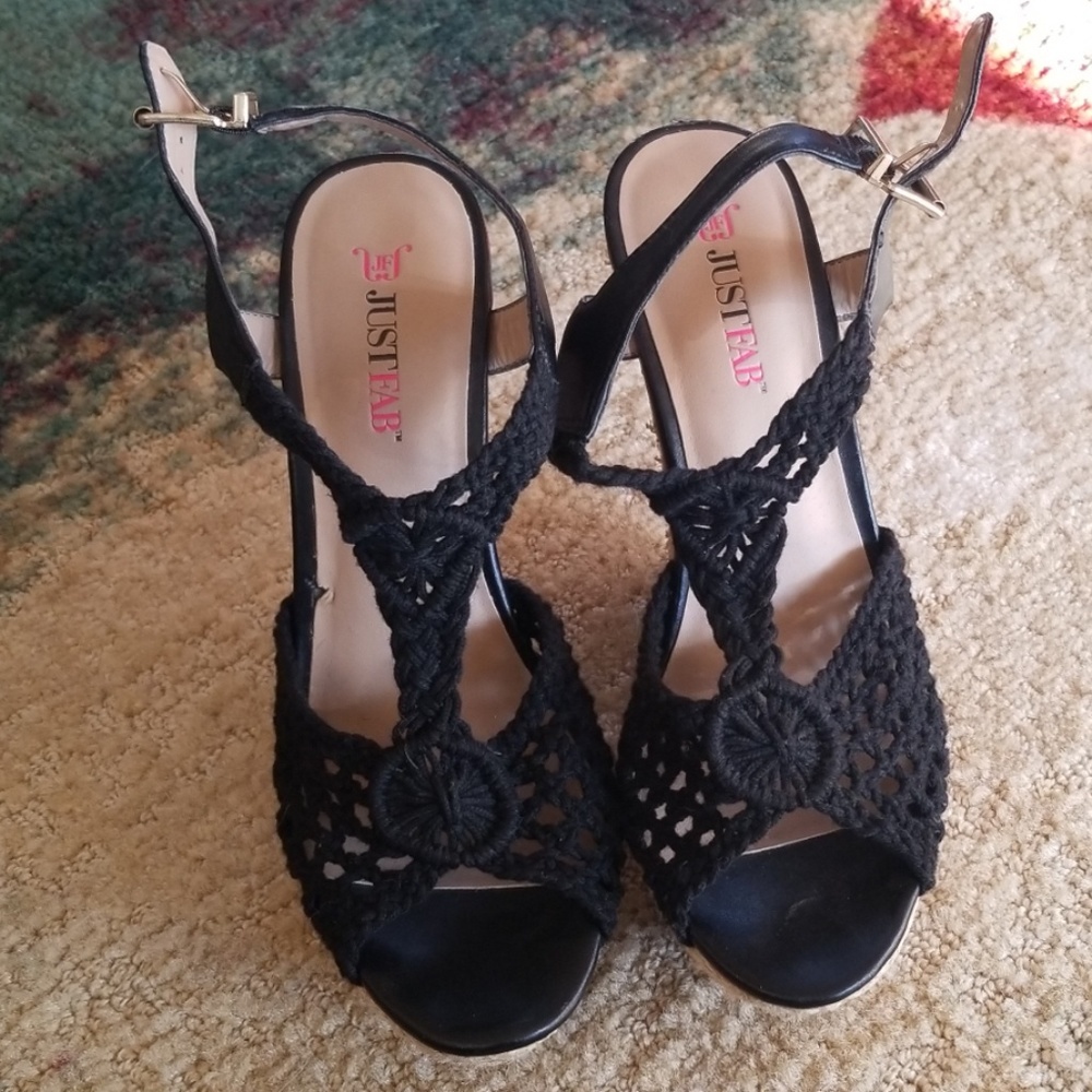 Just Fab Black Crocheted Wedge Heels